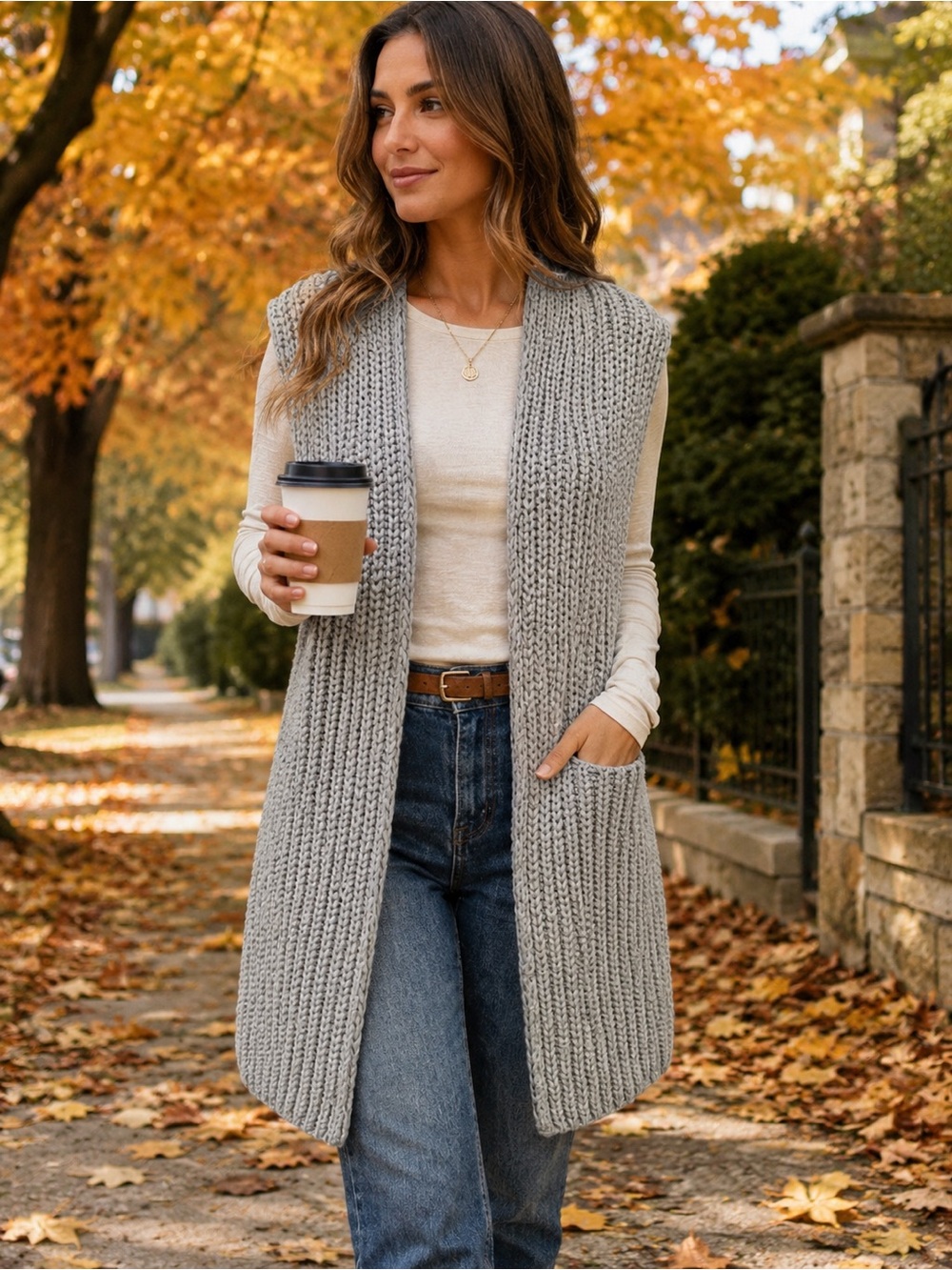 POL Gray Long Ribbed Knit Duster Cardigan Vest - Size Small (EUC)
